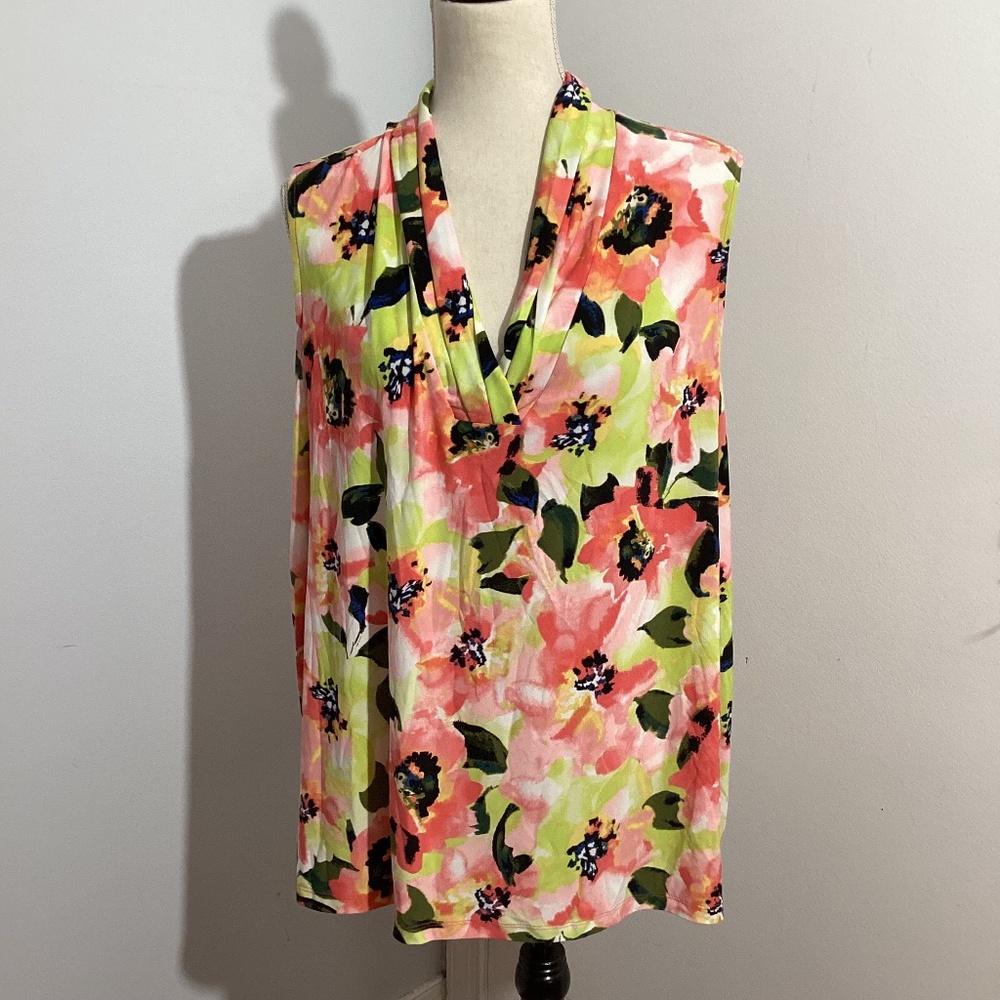 NWOT ANNE KLEIN PLUS 3X FLORAL JERSEY KNIT SLEEVELESS V-NECK TOP CARRER BUSINESS
